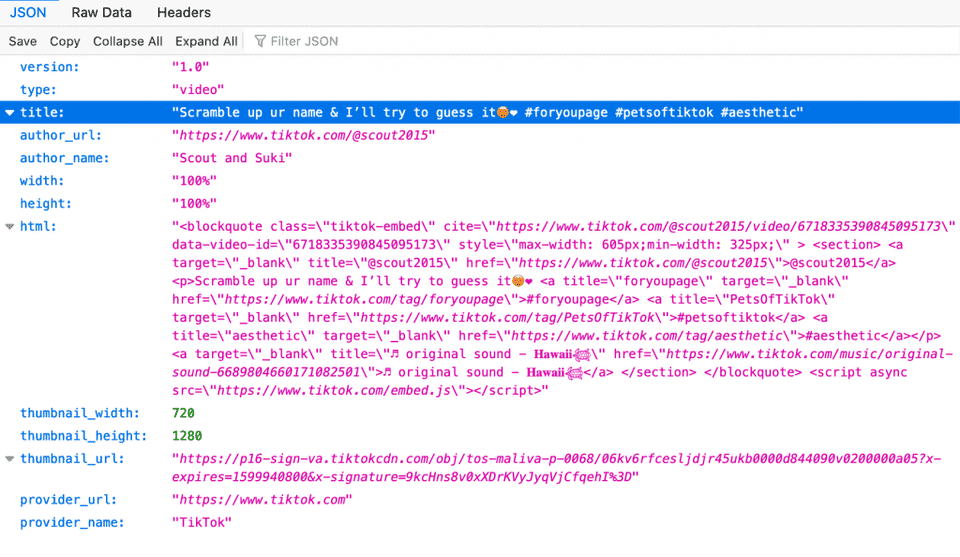 Screenshot of API data provided by TikTok for video by user scout2015